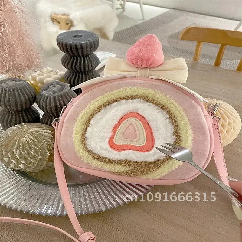 Cute Plush Strawberry Cake Roll Bags For Women Kawaii Pink Lolita Backpack Christmas Gift Quadratic Element Adjustable Strap 241210