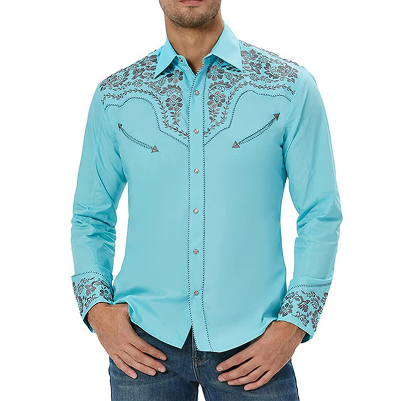 2024 new men's fashion embroidered shirt american western style pattern embroidered loose long sleeve shirt