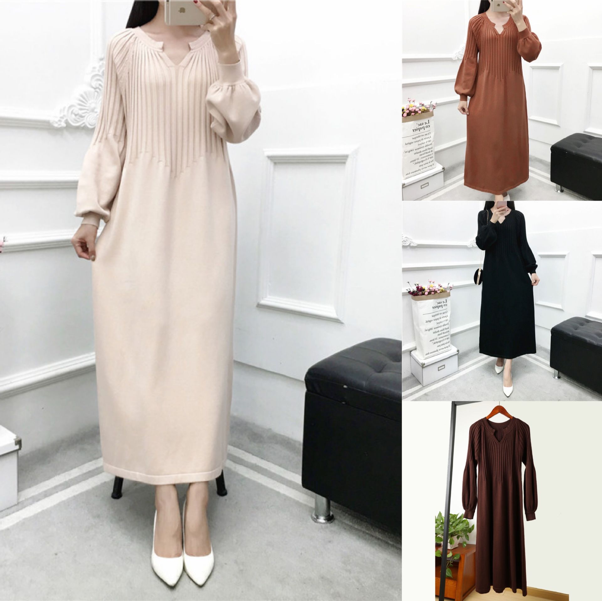 L113 Large size sweater dress for women autumn and winter new thick Korean loose bottom long knee-length knitted dress