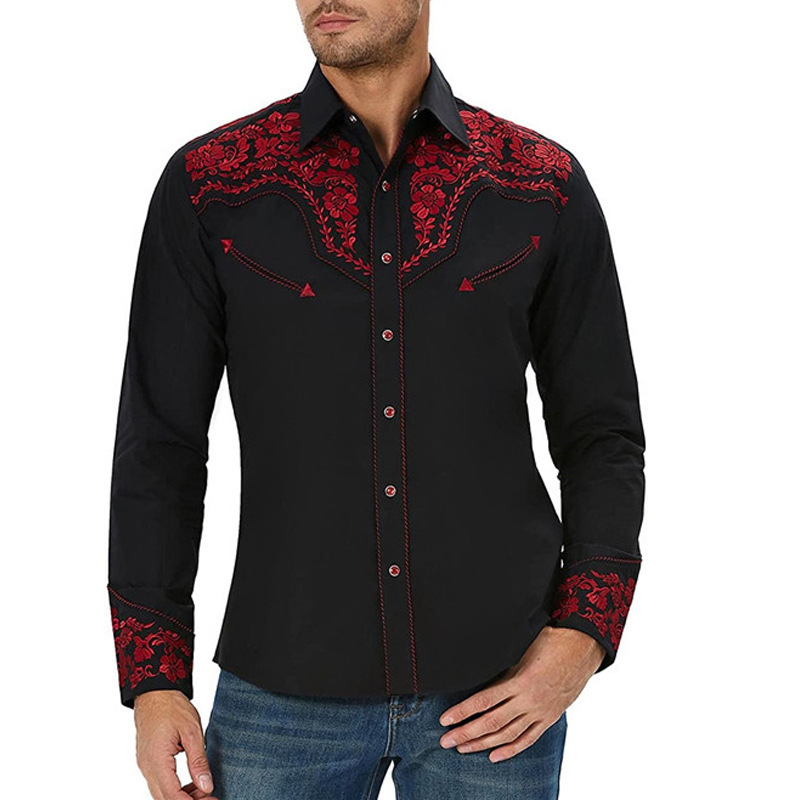 2024 new men's fashion embroidered shirt american western style pattern embroidered loose long sleeve shirt
