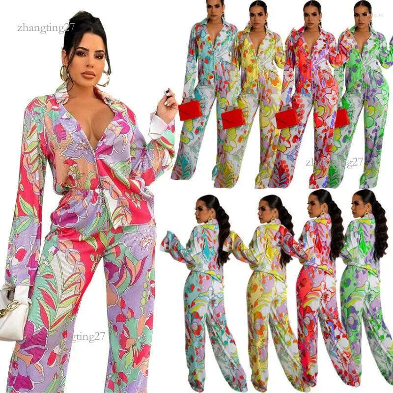 Women's Two Piece Pants Women 2 Pieces Sets Fashion Printed Shirts Casual Long Blouse & Trousers Elegant Sexy Matching