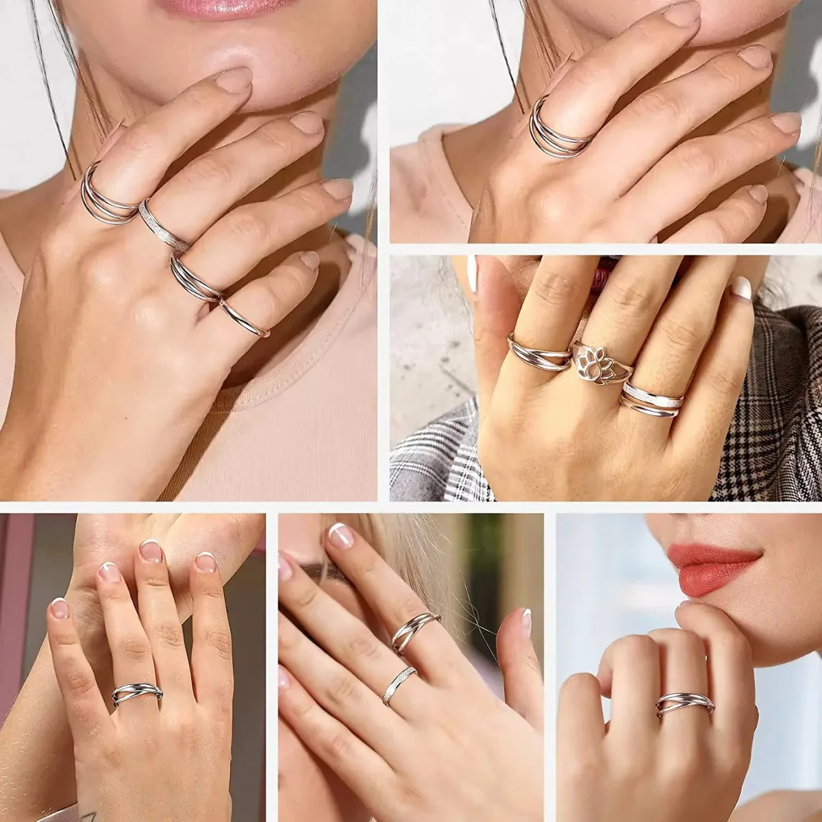 U7 925 Womens Silver Interlocking Ring Triple Interlocking Flat Rolling Ring Anniversary Birthday Jewelry Gift 241209