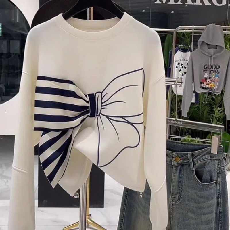 White Bow Print Personalized Loose and Lazy Style Hoodie for Women Early Autumn Top 241203