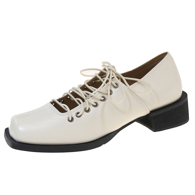 Women Dress Shoes:Thick Sole High Heel Simple Design Fashion Versatile British Style Leather Shoes,Black/Apricot,Free shipping