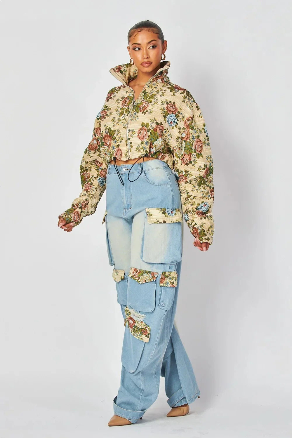 Denim Outfit Women Floral Patchwork Zipper Fly Drawstring Cropped Jacket Pockets Cargo Jeans 2 Piece Set Streetwear Tracksuits 241209