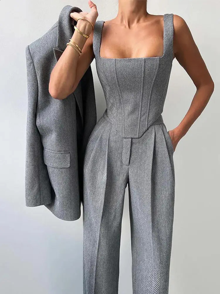 Fashion gray pants set womens 3-piece set elegant long sleeved belt jacket vest top wide waist mens set 241211