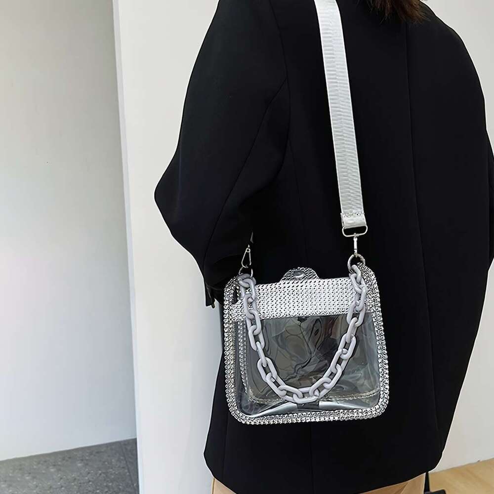 Trendy Rhie Decor Square Transparent ing Shoulder Bag, With Acrylic Strap Women's Handbag And For Music Festival
