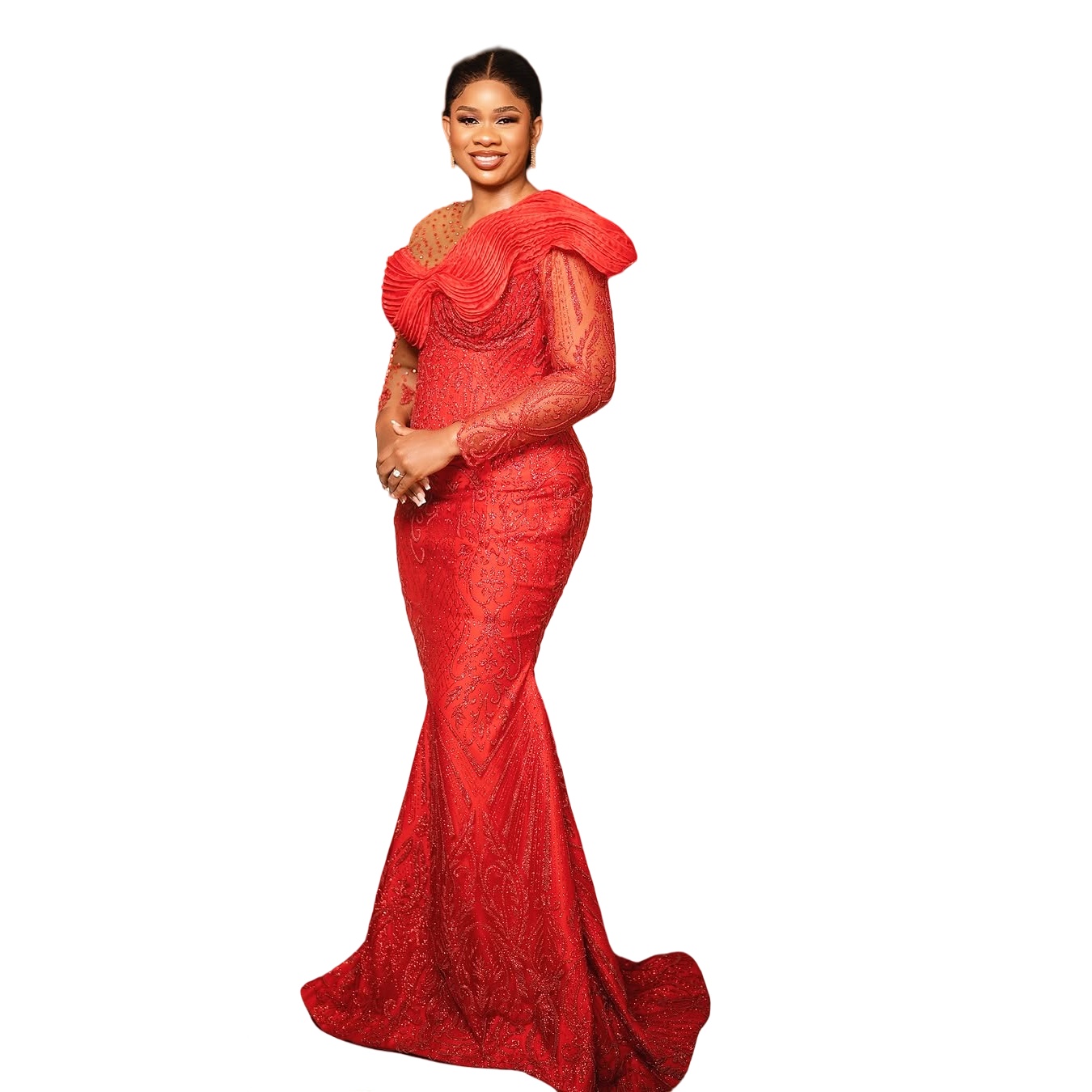 Red Mermaid Prom Dresses 2025 Beaded Sequined Lace Full Sleeves Evening Formal Party Second Birthday Engagement Gowns Plus Size Dress For Special Occa