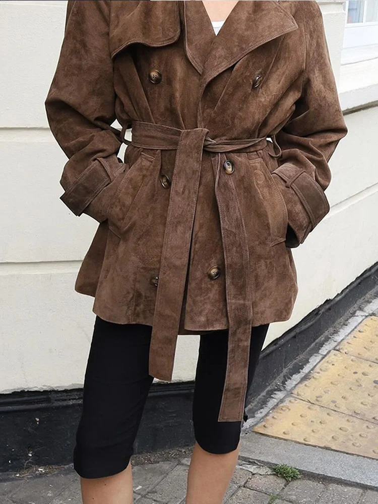 Vintage Belt Suede Cropped Womens Trench Coat Full Sleeve Double Breasted Windbreaker Jackets 2024 Commute Loose Overcoats 241205