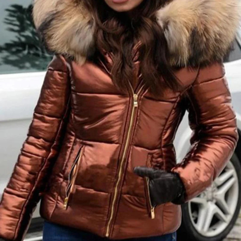 Thick Parka Fur Collar Hooded Women Jacket Coat Winter Ladies Casual Zipper Short Fashion Cotton Padded Warm Outwear 241209