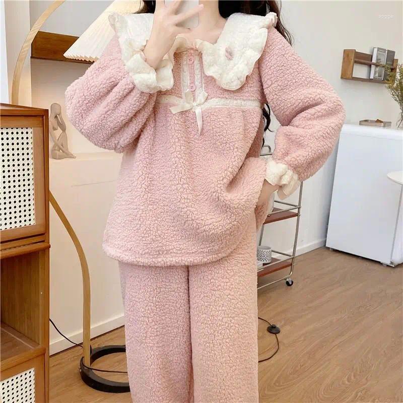 Womens Pants Short Princess Style Doll Collar Coral Fleece Pajamas Flannel Home Suit Set For Winter