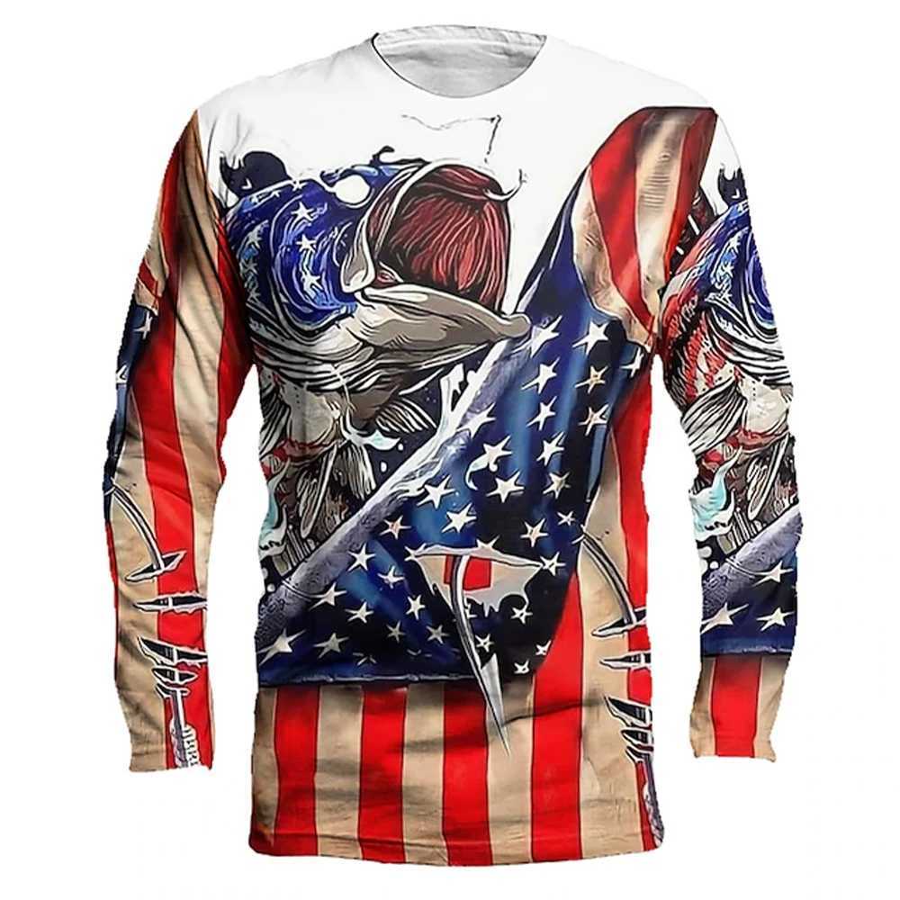 Mens outdoor fishing T-shirt long sleeved shirt 3D underwater fish pattern casual and fashionable round neckXJ241210