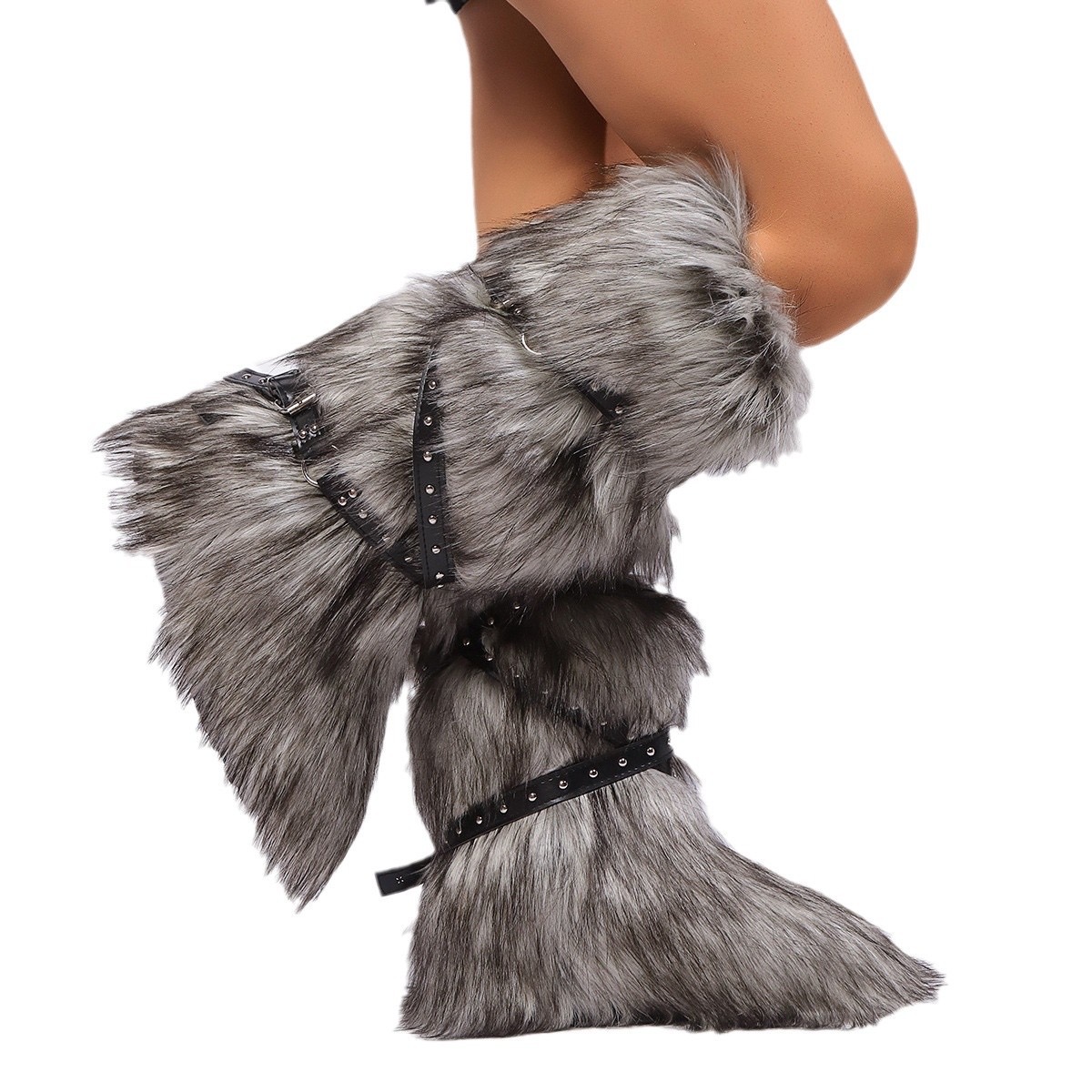 Fur Rivets Strappy Knee High Round Toe Solid Thick Heel White Snow Brown Men Women Winter Boots Arrivals 240909