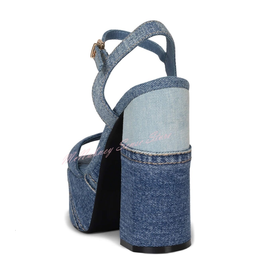 Denim Patchwork Open Toe Platform Buckles Strap Thick High Heels Sandals Women Sexy Summer Party Designer Shoes
