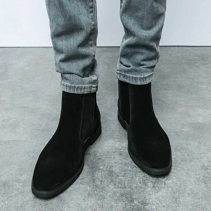 Chelsea Boots Men Faux Suede High Top Solid Low Heel Side Zipper Business Formal Boots Professial Classic Fi Denim BootsXJ241212
