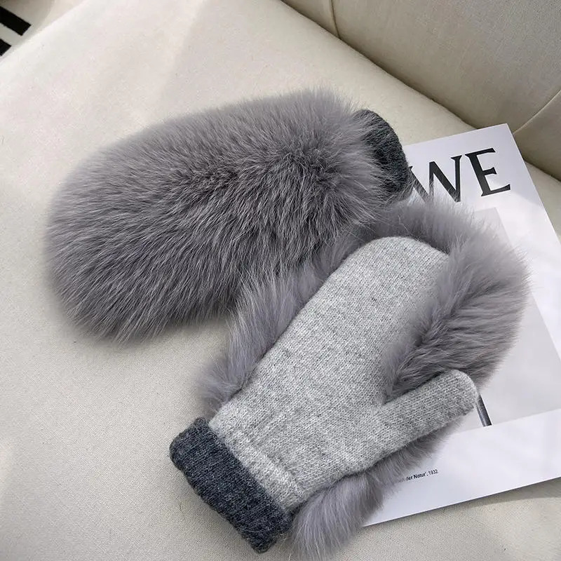 Real Fox Fur Gloves Knitted Women Mittens Winter Girls Fashion Fluffy Warm 100% Real Fox Fur Gloves 241212