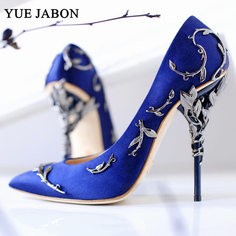Leaves Metal Heel Pumps Women Pointed Toe Blue White Pink Black Silk Stiletto High Heels Wedding Bride Shoes 10Cm