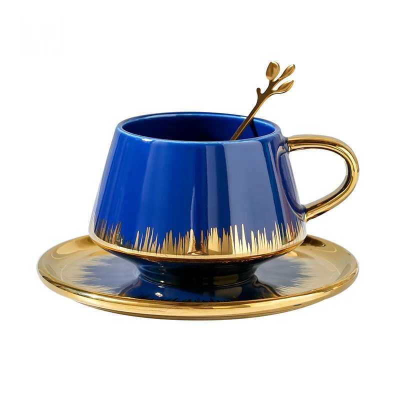 300ml Nordic Light Deluxe Gold Plated Coffee Cup Creative Premium He Ceramic Water Cup Simple Detachment Plate Set Y241211