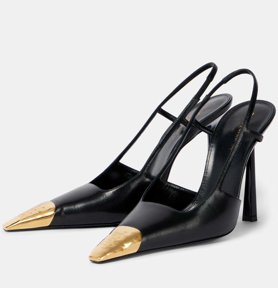 Luxury Brand Jeanne Leather Slingback Women Pumps Golden Logo-engraved Metallic-Toe High Heels Party Wedding Sexy Lady Opyum Walking EU35-40