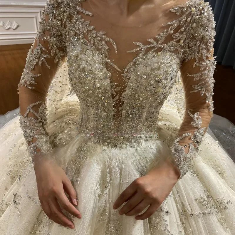 Gorgeous O-neck Long Sleeve Dress Sequins Beaded Wedding Gown Dubai Sweep Train Bride Robe Customized Vestido De Novia