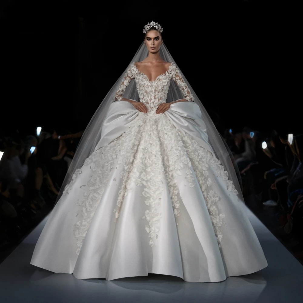 Elegant Ball Women Wedding Dress O Neck Long Sleeve Bridal Gown Appliques Bow Sweep Train Dresses Customized Vestido De Novia