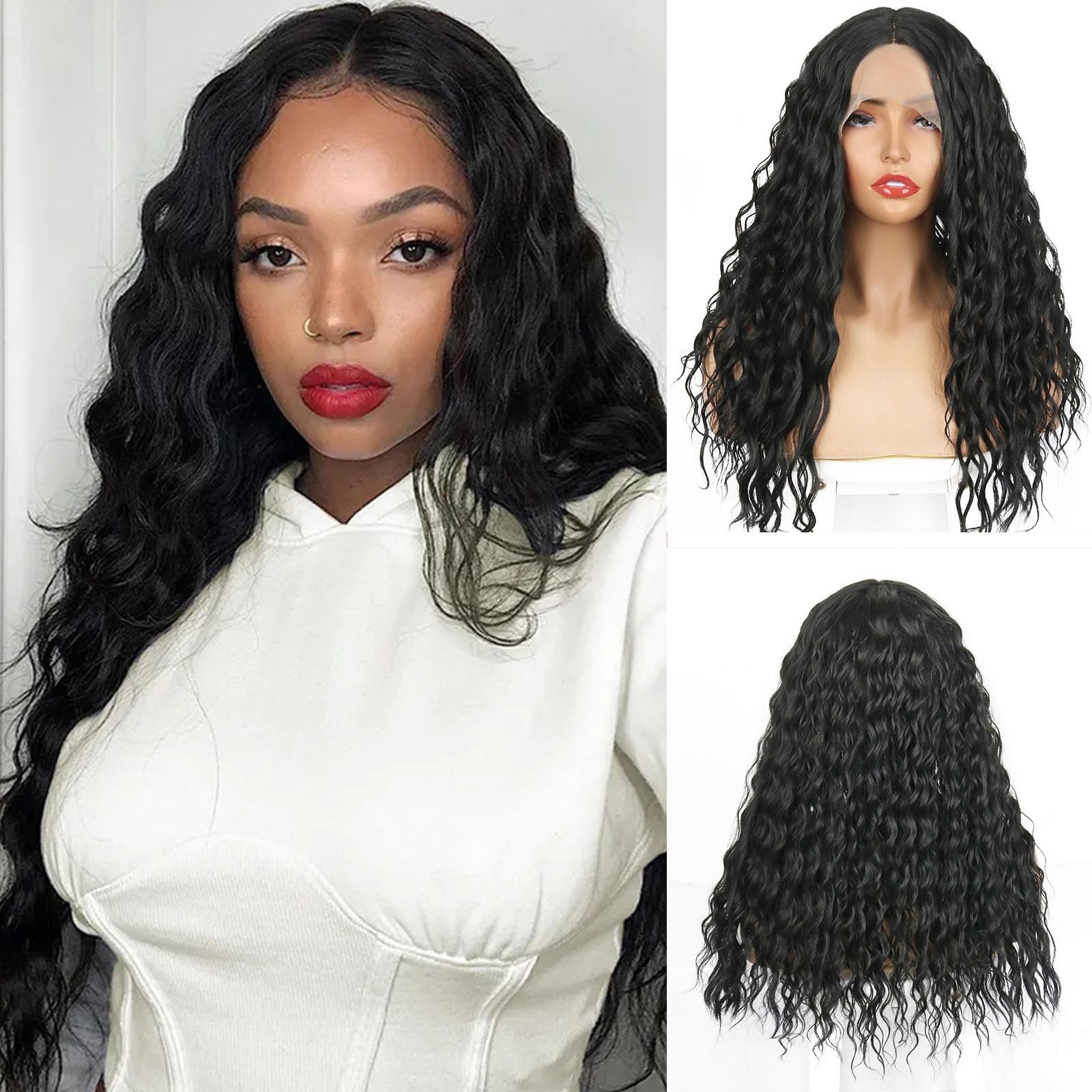 34Inch Long Natural Deep Wave Synthetic Wig 13x4Lace Front Black Curly Wigs 200Density Heat Resistant Fiber For Black Women