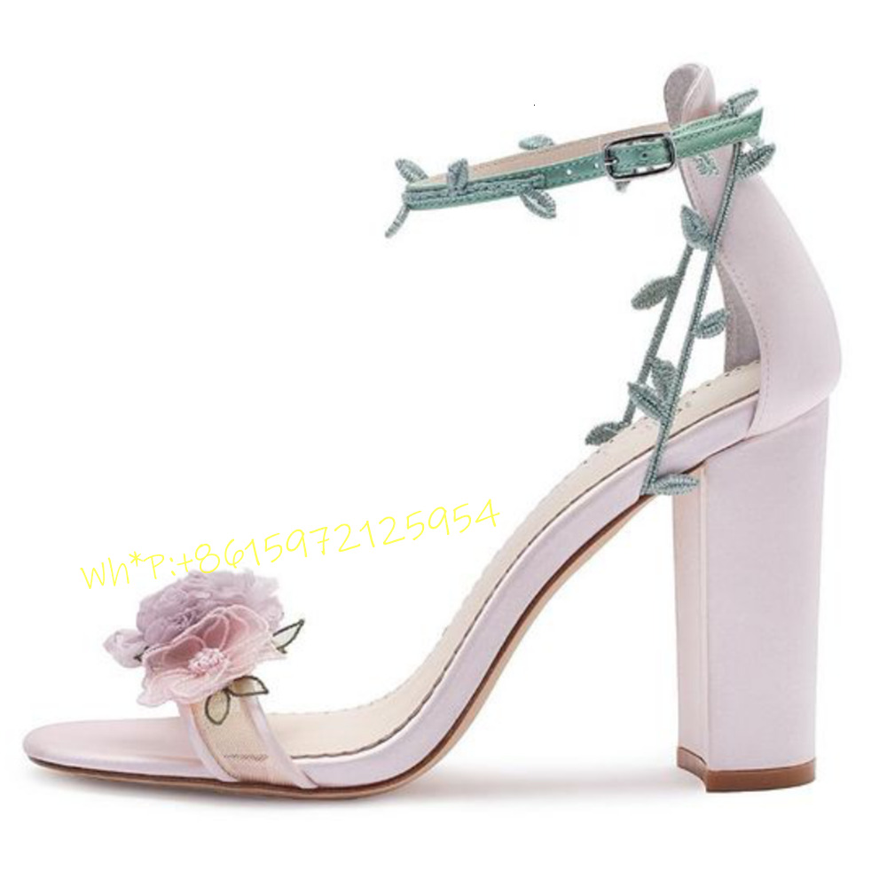 Purple Wers Thick Heel Women Elegant Wedding Green Leaf Decor Lovely Sandals Female Summer Outfit Party Evening Shoes