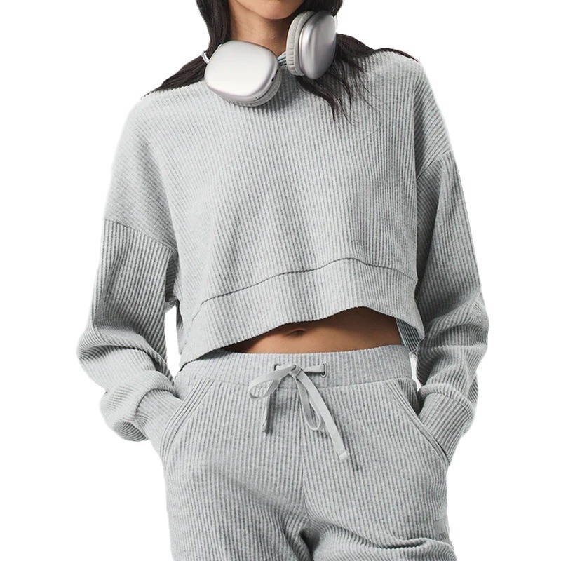 Alo Autumn Winter Corduroy Sports And Leisure Set, Pullover Hooded, Loose Fit Fitness Running Hoodie, Long Sleeved For Women