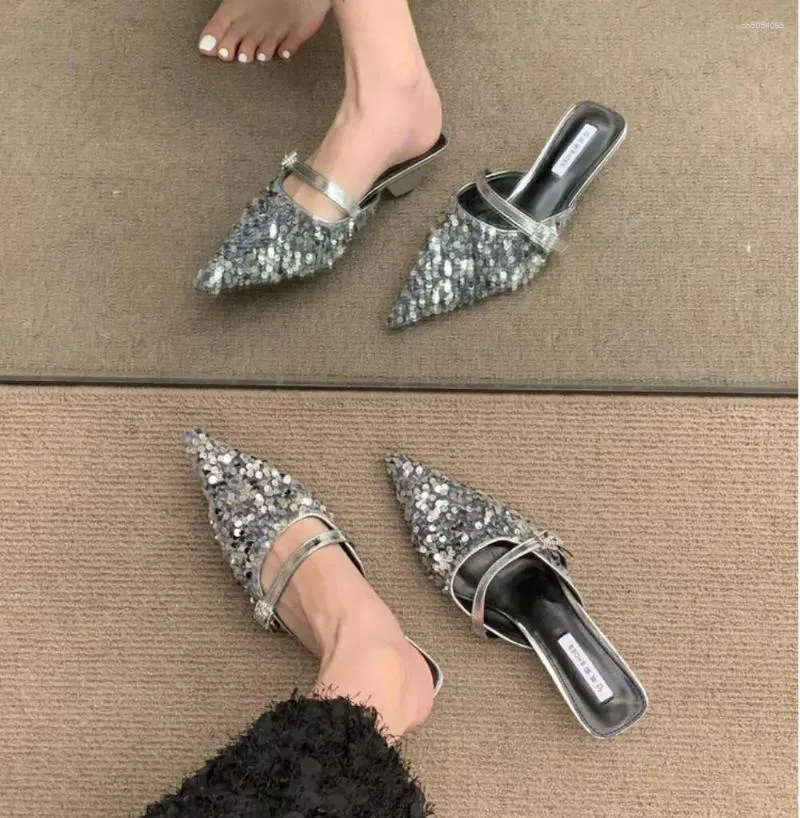 Slippers Spring/Autumn Fashion Sexy Women Shoes Elegant String Bead Crystal Slip-On Chunky Heel Mules Slipper 2024 Dresses