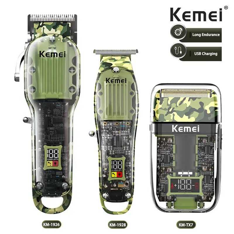 Kemei Transparent Body Electric Hair Clippers Kit KM-1926 KM-1928 Rechargeable Trimmer KM-TX7 Waterproof Mens Shaver Barber W241212