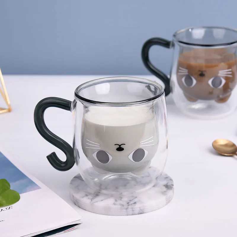 Cute dual wallet coffee cat g with handle Kawaii cat with lid teacup cute cat lover birthday gift Y241211
