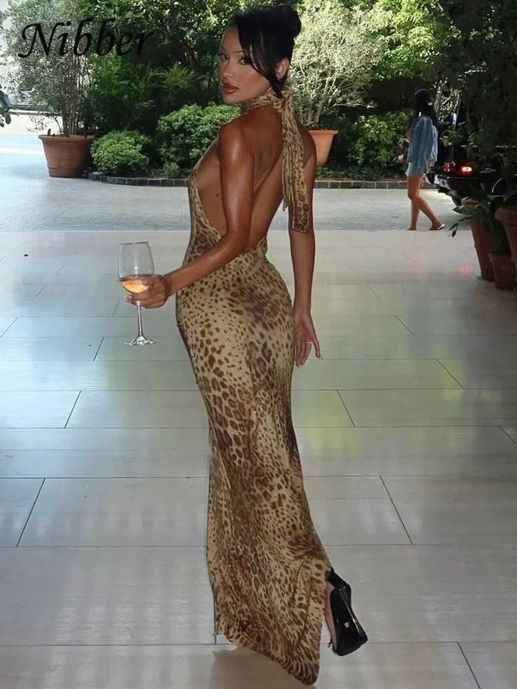 Urban Sexy Dresses Nibber Leopard Print Dress Women Hollow Plait Summer Halter Sexy Backless Fit Irregular Patchwork Hem Slim Vintage Prom Bodycon Y24