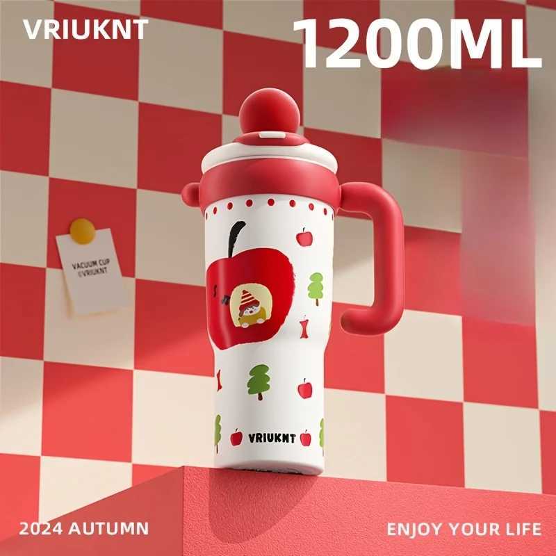 1Pc Girl Cute Stainless Steel Insulated Cup 1.2L Outdoor Travel Camping Portable Water Cup Car Cup with Handle Direct Drinking Straw Dual Use Y241211