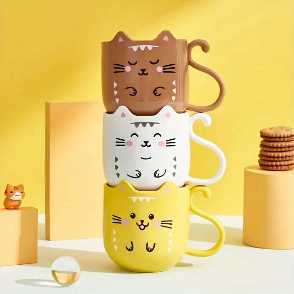 1 cute cartoon cat g childrens creative gift perfect for his travels thick plastic face cup for brushing teeth and rinsing mouth Y241211