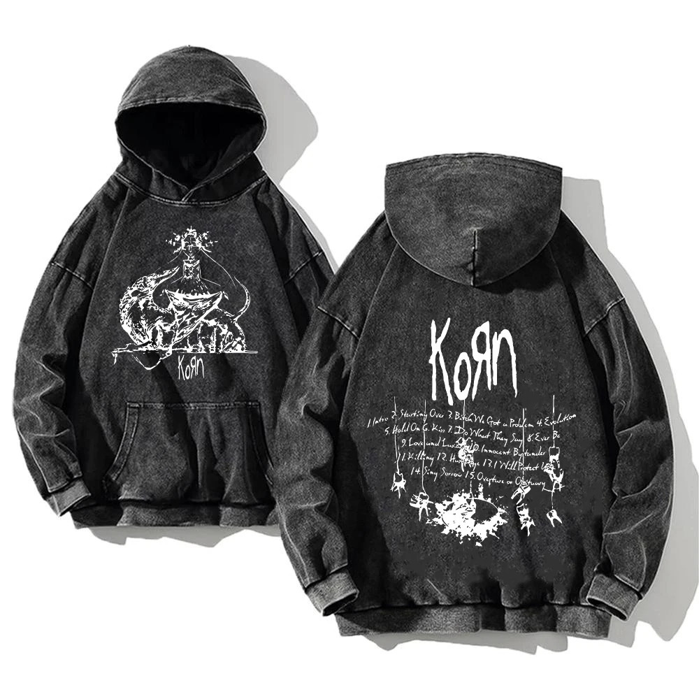 Korn Rock Band World Tour Hoodies Retro Washed Mens Sweaters Cotton Hip Hop Street Clothing Hoodies Zipper Loose Y2K Top 241211