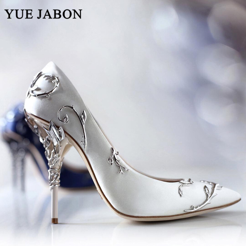 Leaves Metal Heel Pumps Women Pointed Toe Blue White Pink Black Silk Stiletto High Heels Wedding Bride Shoes 10Cm