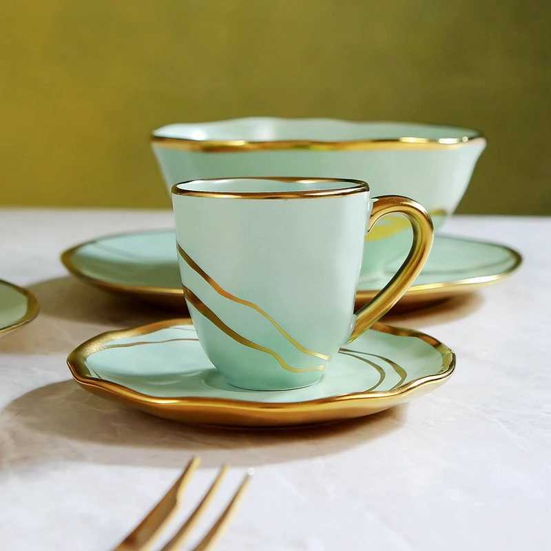 European Style Craft Gold Ceramic Coffee Cup Tableware Set Luxury Cuisine Hotel Western Restaurant Bowl Fruit Pastry Plate Y241211