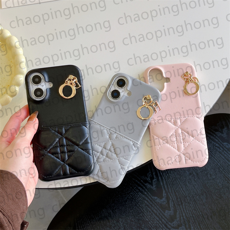 For iPhone 16 Pro Max 15 Pro Max Case Luxury Phone Case Designer iPhone Case Apple iPhone 14 13 12 Case Card Slot Bag Holder Metal Pendant Leather Quilted Mobile Cover