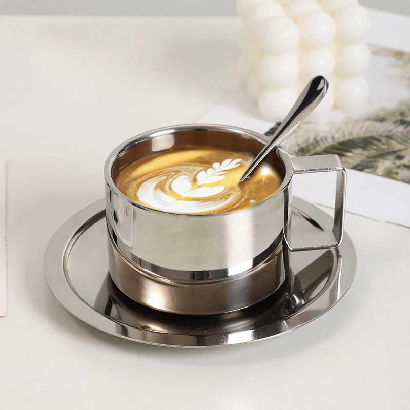 3 pieces/set of new stainless steel coffee cups with tray mixing spoon double wall Crazy Milk Tea G household water cup Y241211