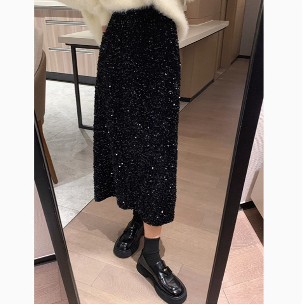 D3028Black skirt shiny long skirt large size shiny skirt spring autumn winter