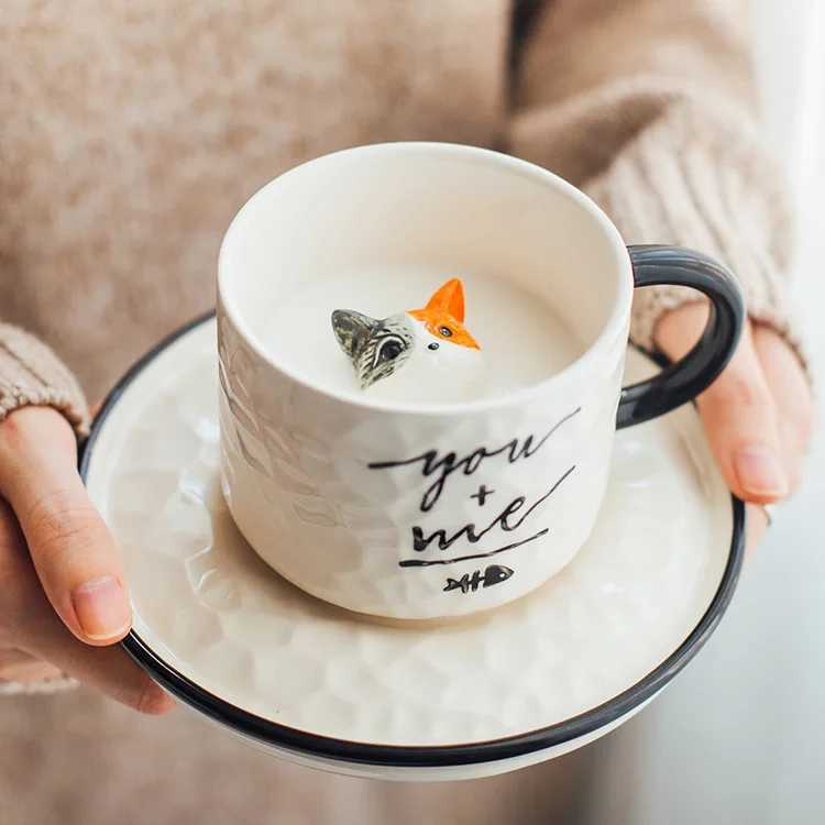 Cute little cat ceramic cat paw cup afternoon tea coffee cup ceramic cup with plate suitable for couples and children to drink milk Y241211
