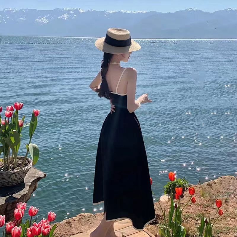 J161 Fashion French Elegant High-grade Dress Spring and Summer Large Size Hepburn Style Retro Suspender Long Dress Women