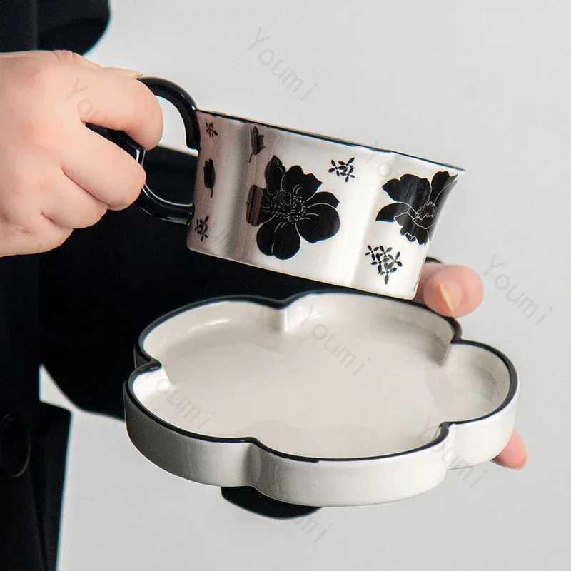 Luxury ceramic coffee cup retro exquisite floral couple GS breakfast oatmeal milk cup high-end water cup Y241211