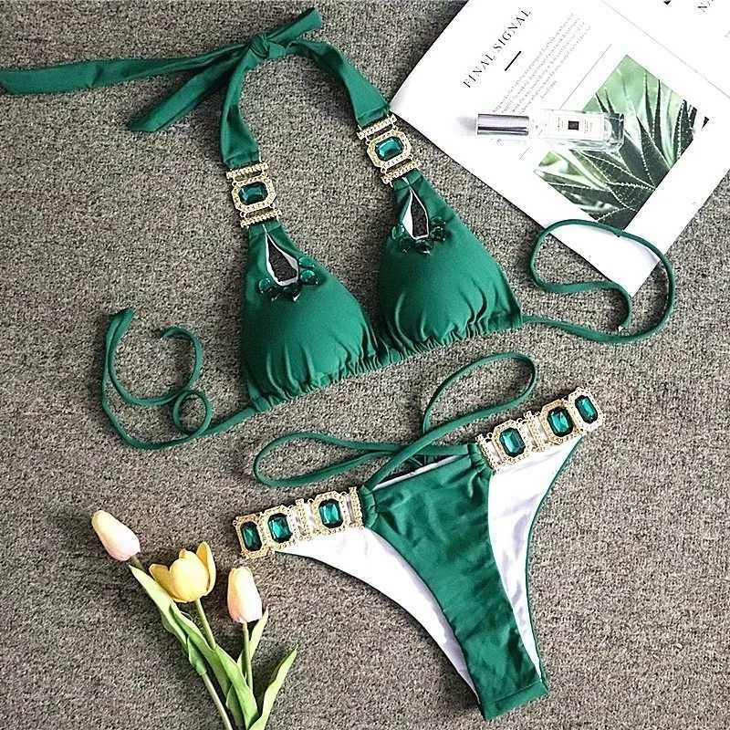 2024 Rhinestone Two 2 Piece Swimsuit Fa Luxury Crystal Sexy Thong String Bikini Set Women Swimwear Beach Wear Bathing SuitXJ241212