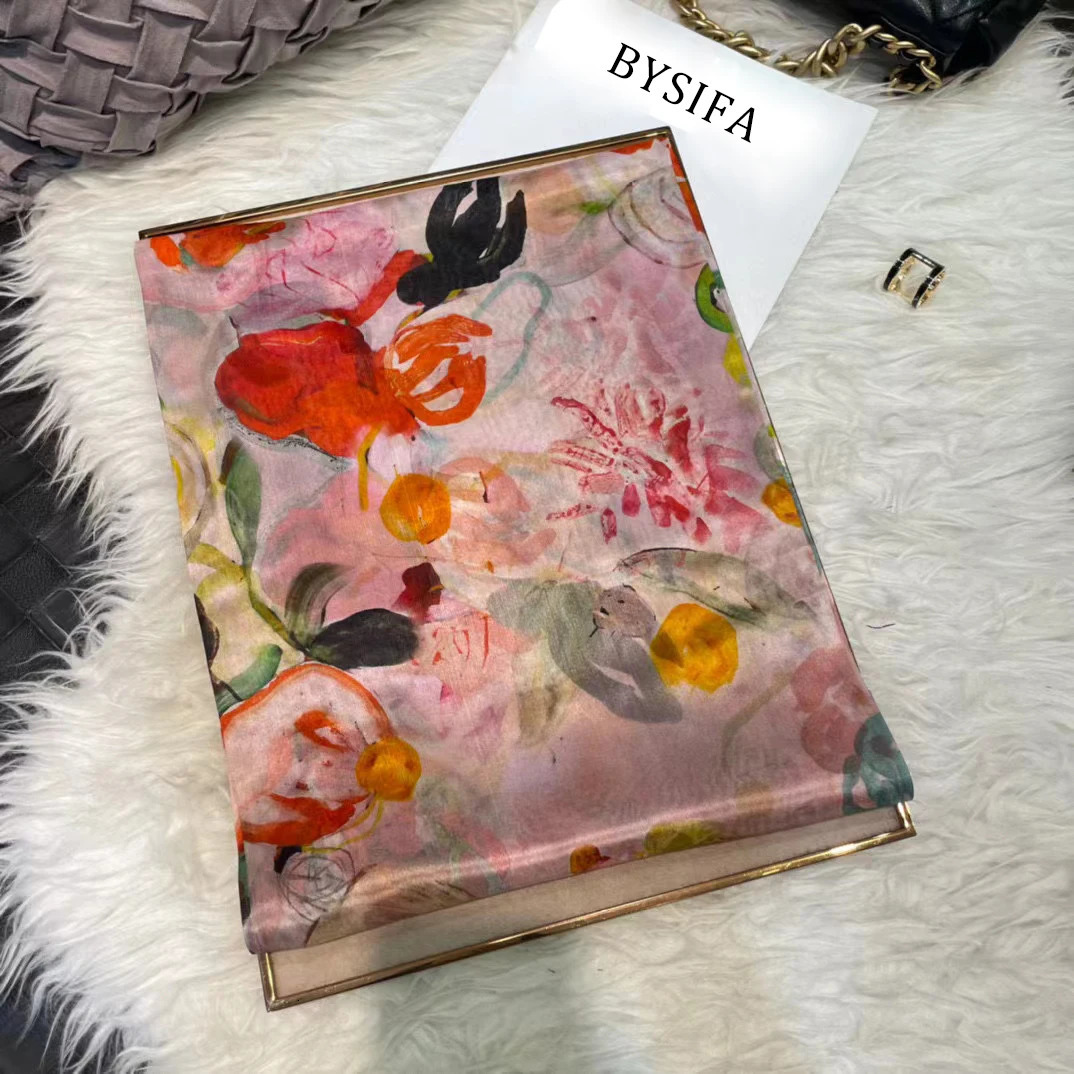 White 100% silk scarf womens scarf Bufandas summer beach shawl Foulard autumn and winter flower long neck scarf headscarf 241211