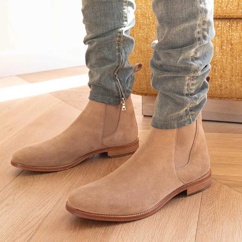 New Chelsea Boots for Men Business Cow Suede Pointed Toe Slip- Solid Mens Formal Boots Size 38-46 Vintage Mens Ankle BootsXJ241212
