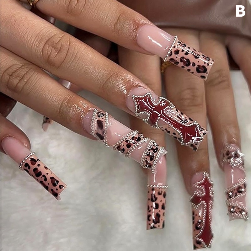 Long Square Press On Nails With Rhinestones Luxury Fake Nails 24pcs Glossy Full Cover False Nails For Women And Girls