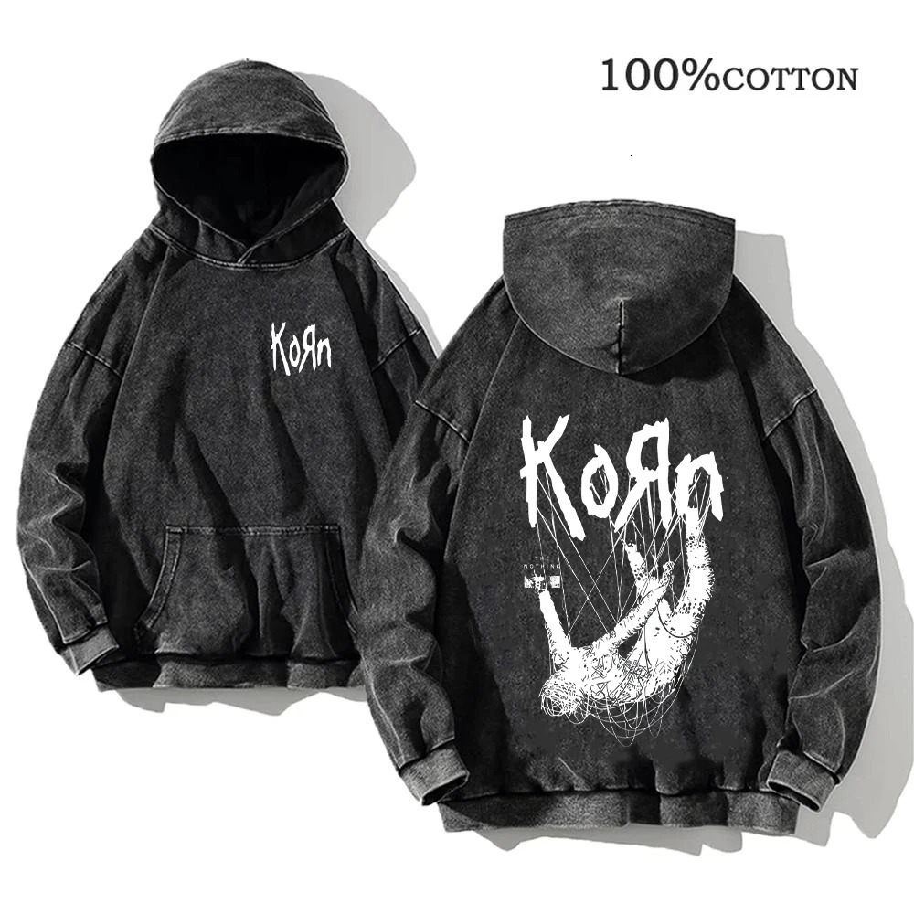Korn Rock Band World Tour Hoodies Retro Washed Mens Sweaters Cotton Hip Hop Street Clothing Hoodies Zipper Loose Y2K Top 241211