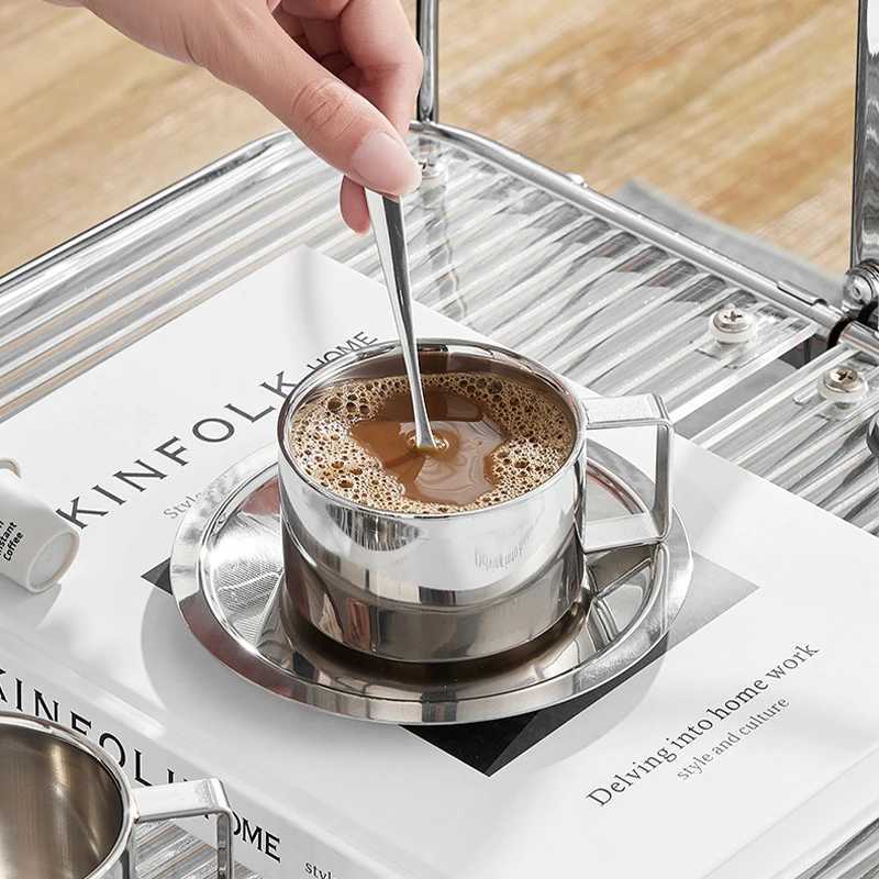 3 pieces/set of new stainless steel coffee cups with tray mixing spoon double wall Crazy Milk Tea G household water cup Y241211