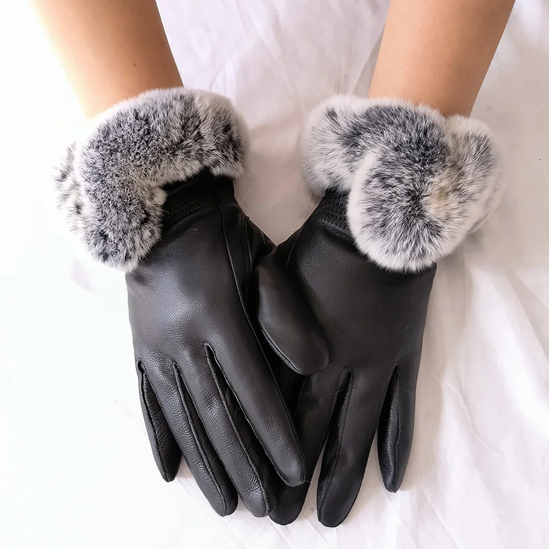 2024 Winter Warm Womens Genuine Sheep Leather Gloves with Genuine Fur Cuffs and Fingers Fashion Womens Natural Fur Gloves 241212